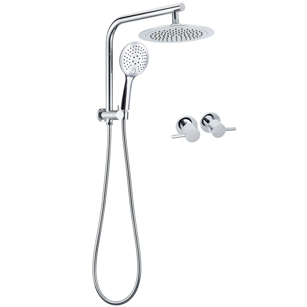 WELS Round 9" Twin Shower Head 3 Mode Handheld Gooseneck Wall Arm 2 in 1 Combo Taps Set