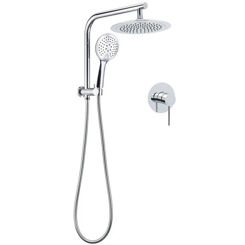 WELS Round 9" Twin Shower Head 3 Mode Handheld Gooseneck Wall Arm 2 in 1 Combo Mixer Set