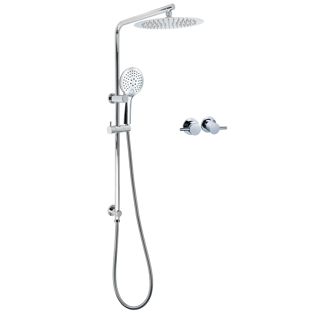 Chrome 250mm Rain Shower Head Round Handheld Sliding Rail Diverter Arm Twin Taps Set