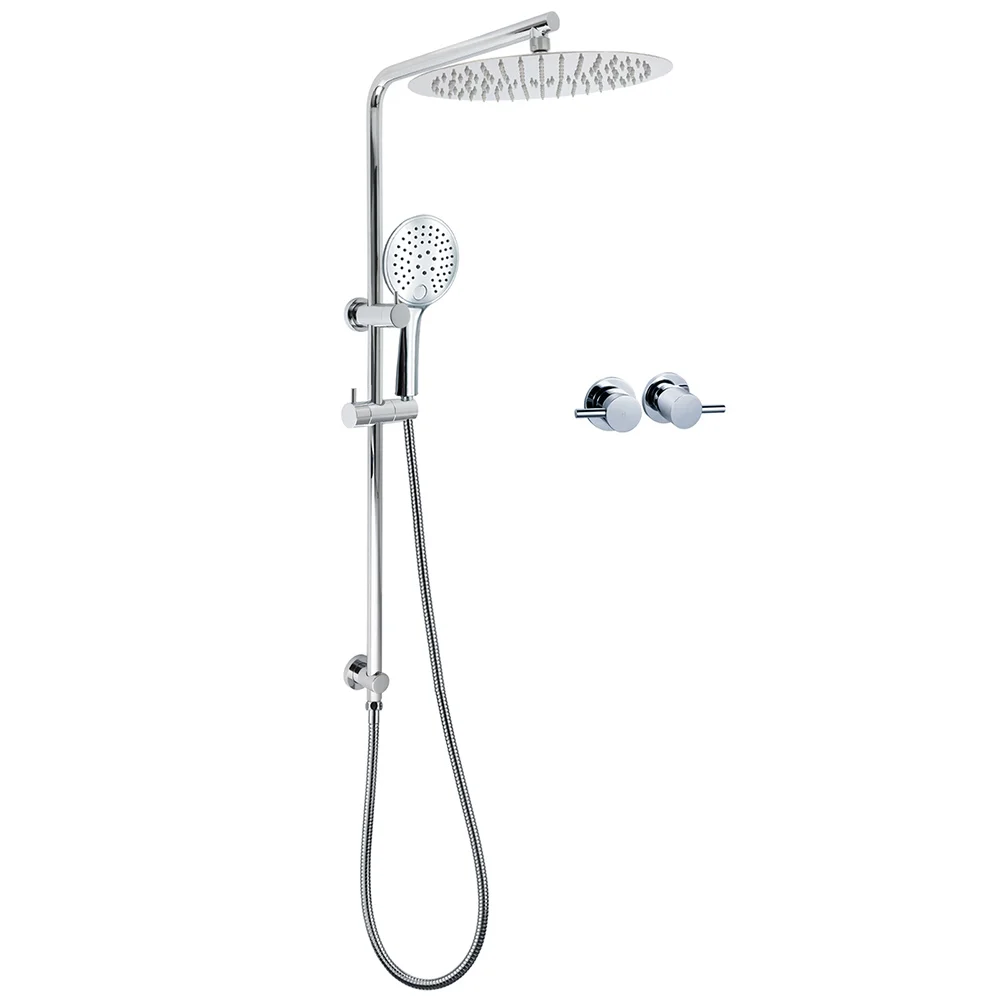 WELS Double Round Shower Head Handheld Sliding Rail Arm Chrome 12" Rainfall Twin Taps Set