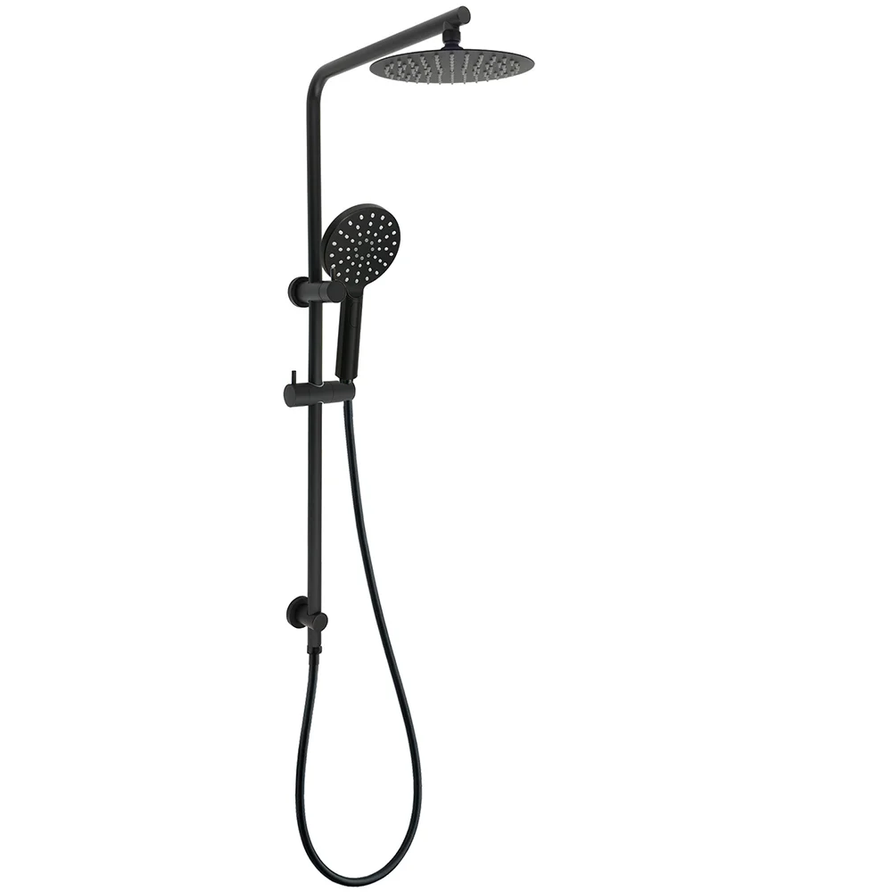 WELS Matt Black Round 2in1 8" Shower Head Sliding Rail Arm 3 Modes Handheld Set