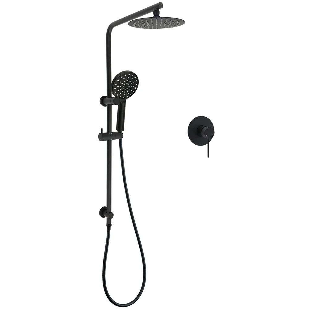 WELS Matt Black Round 2in1 8" Shower Head Sliding Rail Arm 3 Modes Handheld Mixer Set