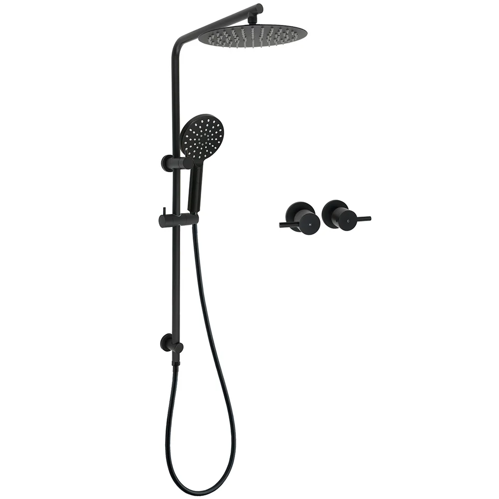 WELS Matt Black 10" Shower Rain Head Handheld Silde Wall Arm Rail Dual Set Twin Taps