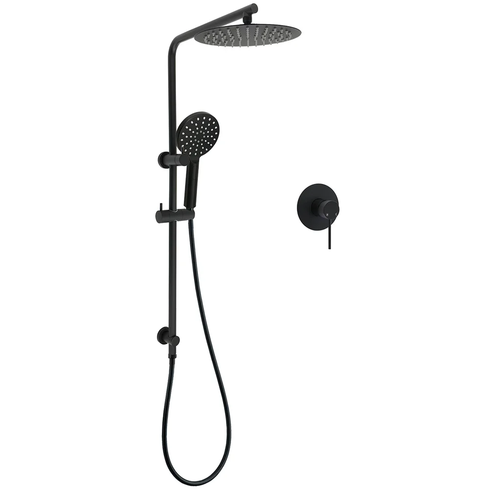 WELS Matt Black 10" Shower Rain Head Handheld Silde Wall Arm Rail Dual Set Mixer