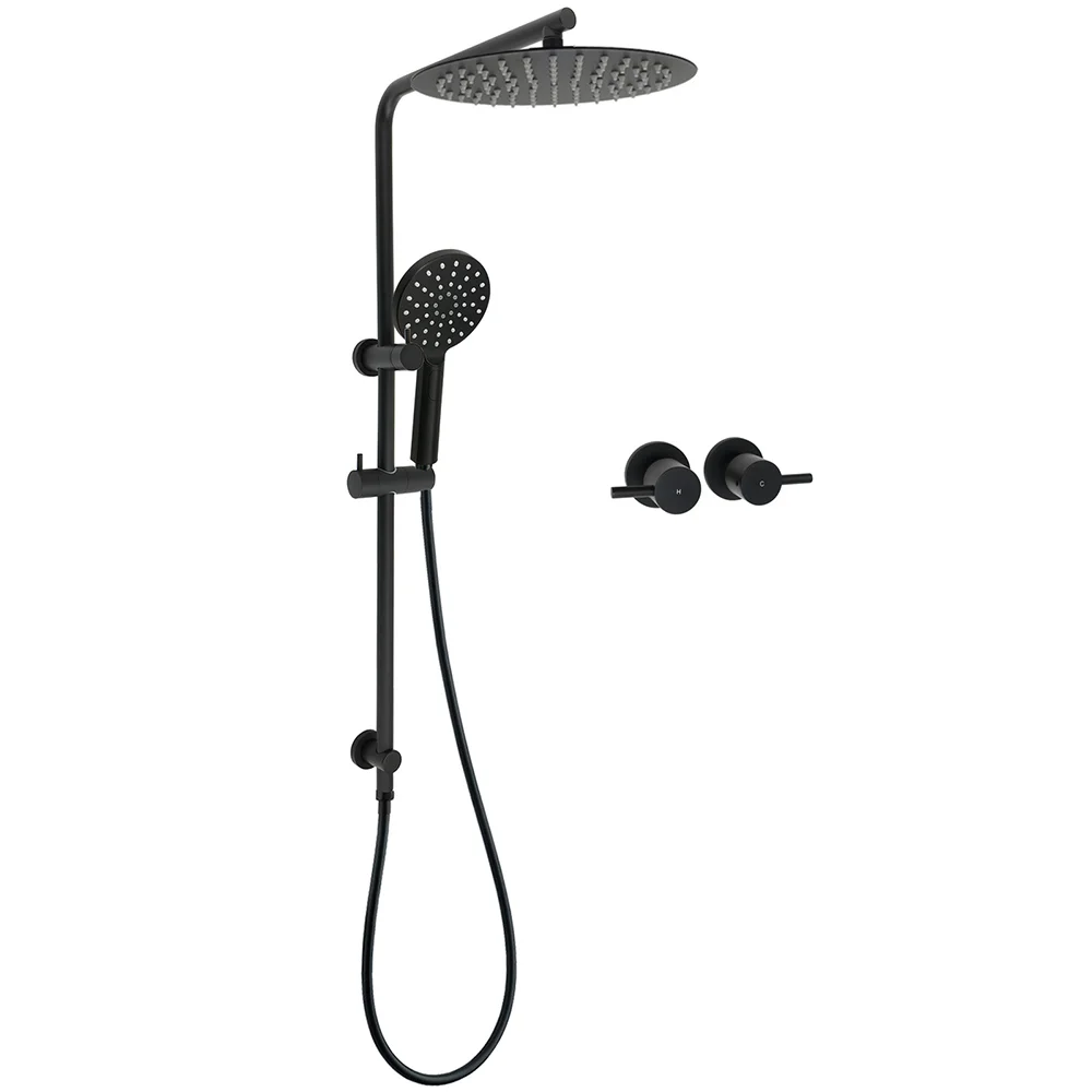 Matt Black Dual Shower 12" Large Shower Rain Head + Handheld Silde Wall Rail Twin Taps Set