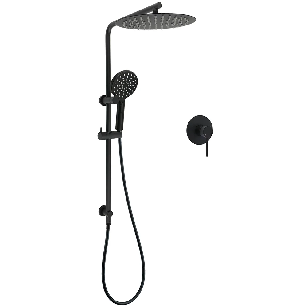 WELS Matt Black Dual Shower 12" Large Shower Rain Head + Handheld Silde Wall Rail Mixer Set