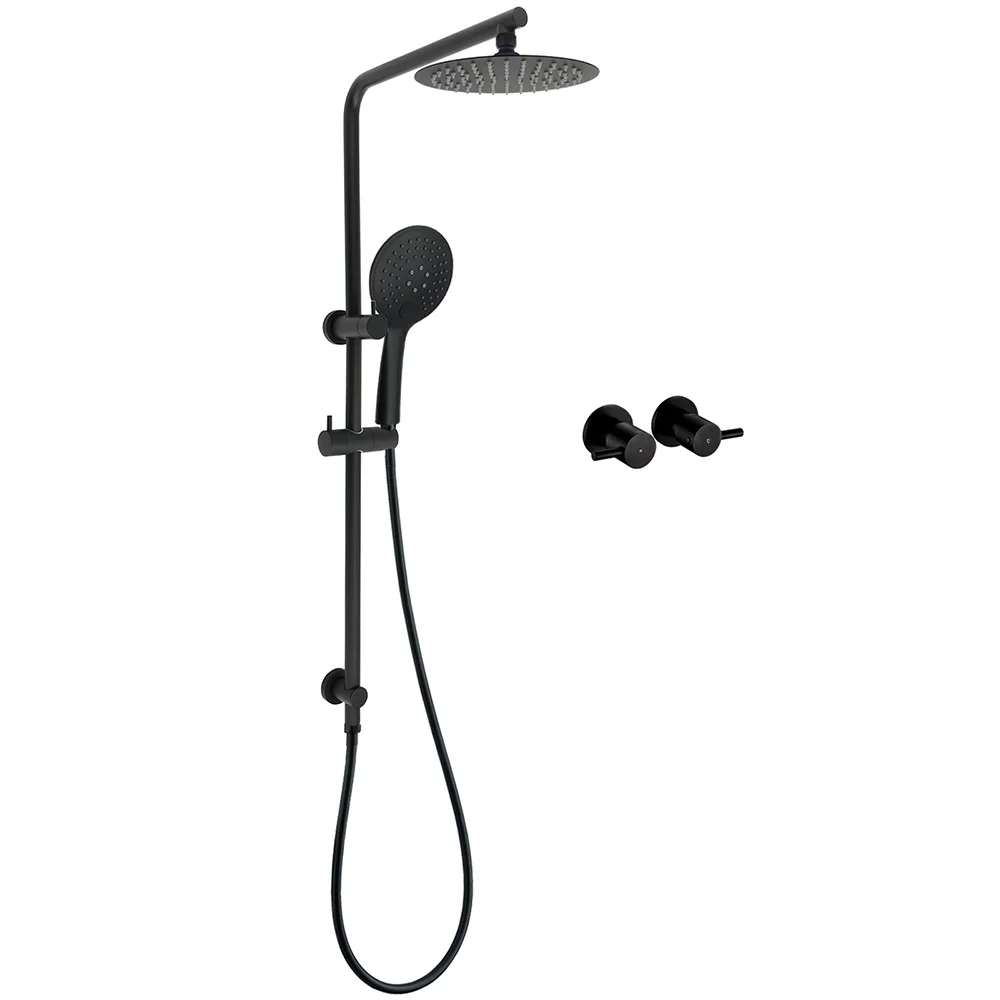 Matt Black Round 8" Shower Head Sliding Rail Arm 3 Modes Handheld Arm Dual Set + Taps