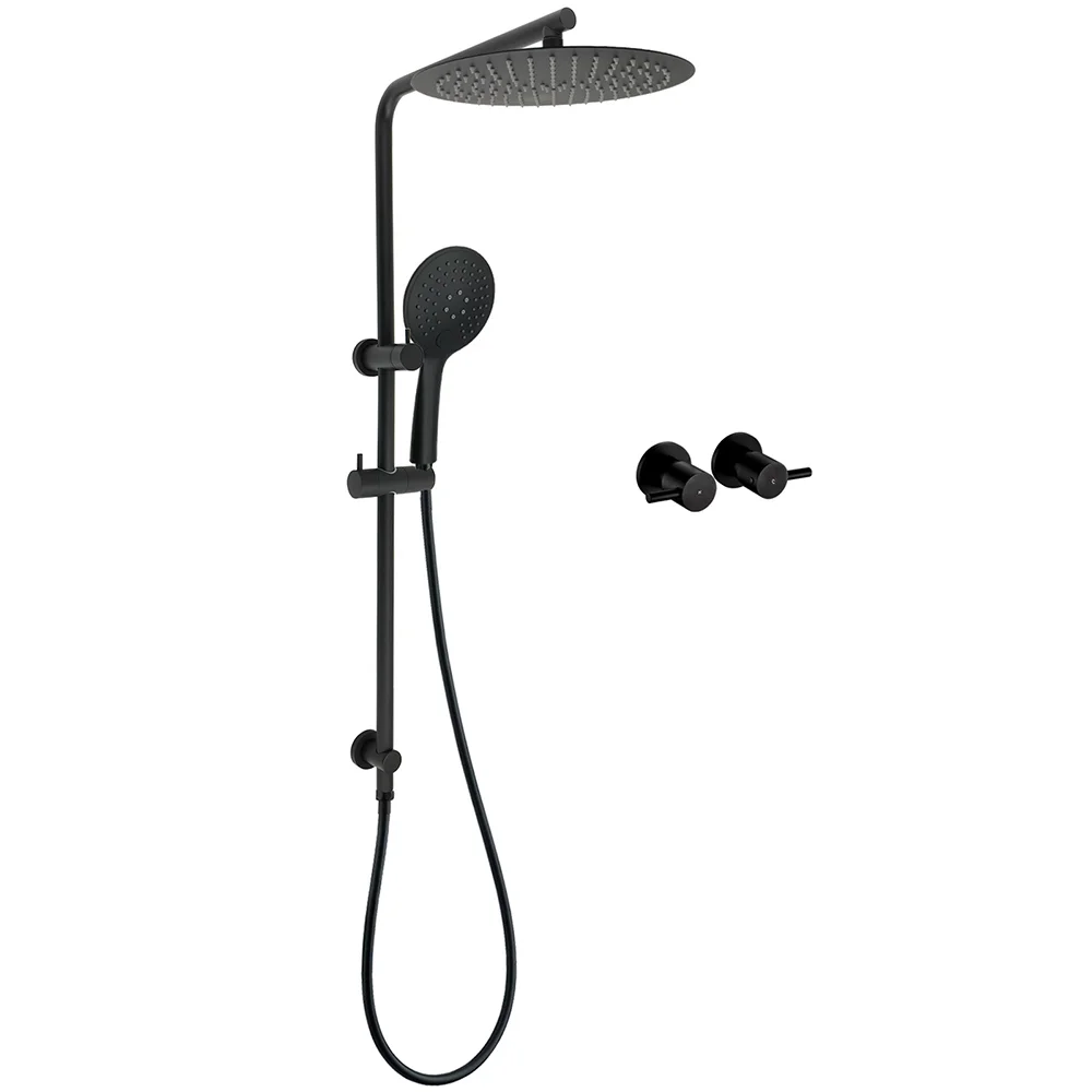 WELS Matt Black Shower Set 12" Large Rain Head Handheld Sliding Rail Arm Round Taps
