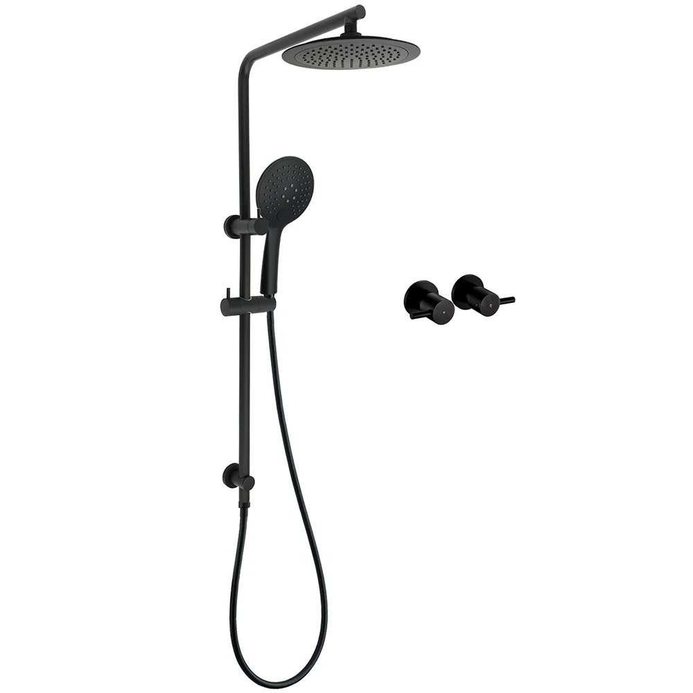 Matt Black Round 9" Rainfall Head Handheld Sliding Rail Wall Arm Dual Shower Taps Set