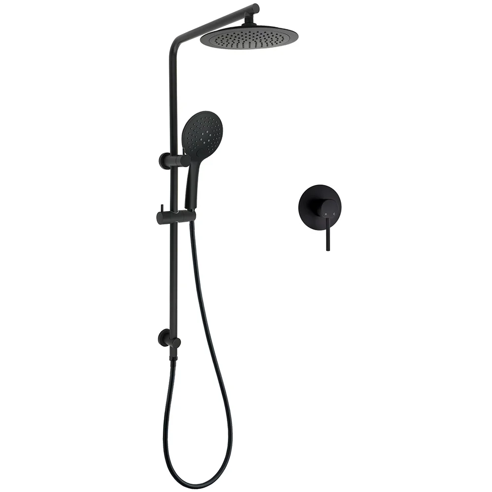 Matt Black Round 9" Rainfall Head Handheld Sliding Rail Wall Arm Dual Shower Mixer Set