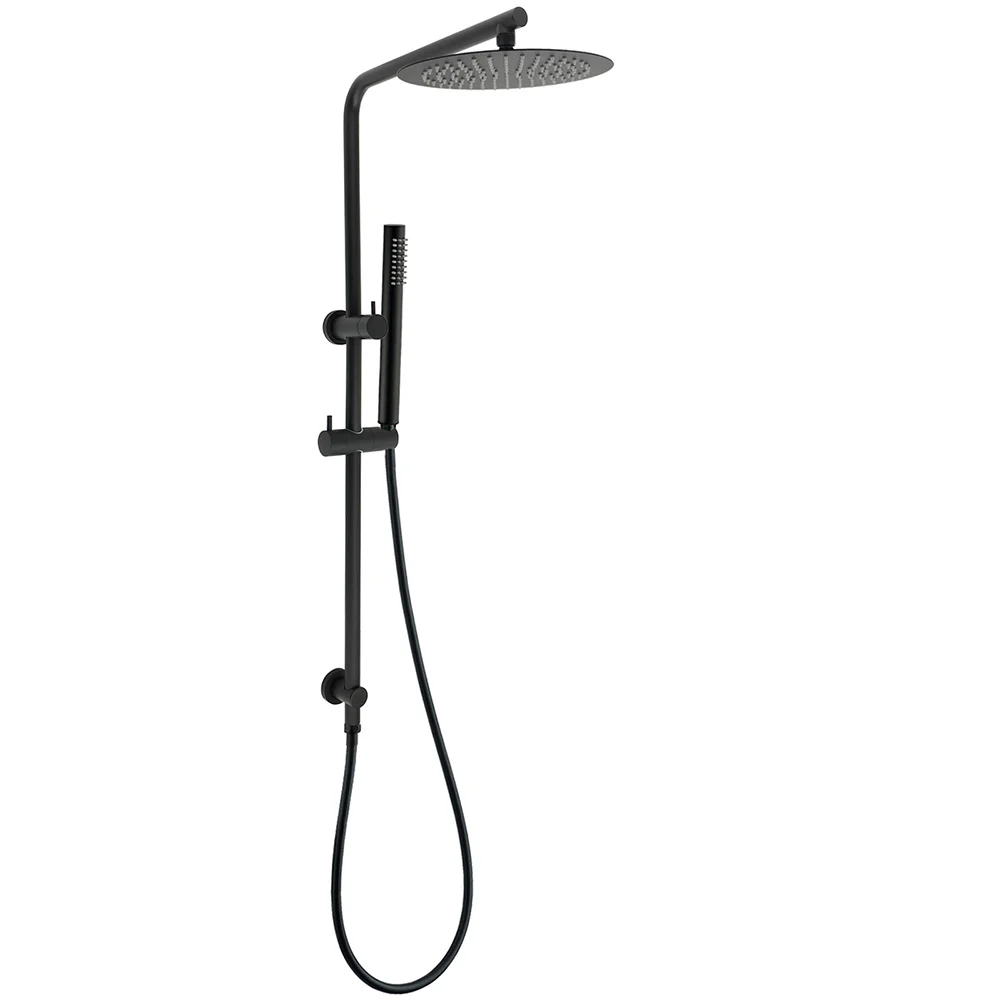 Matt Black Round 250mm Rain Shower Head Brass Handheld Slide Rail Riser Arm Set