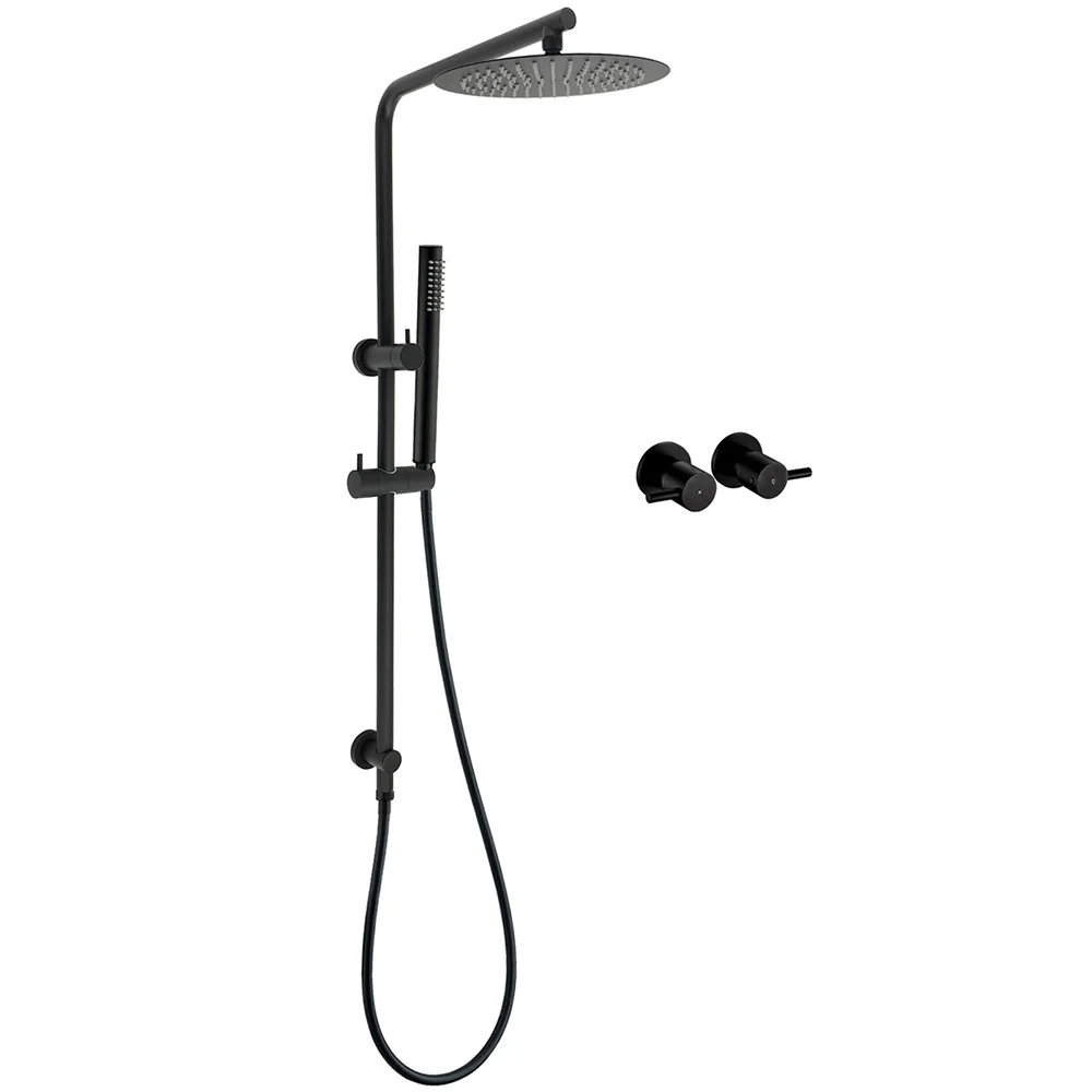 Matt Black Round 10" Rain Shower Head Brass Handheld Slide Rail Riser Arm Twin Taps Set