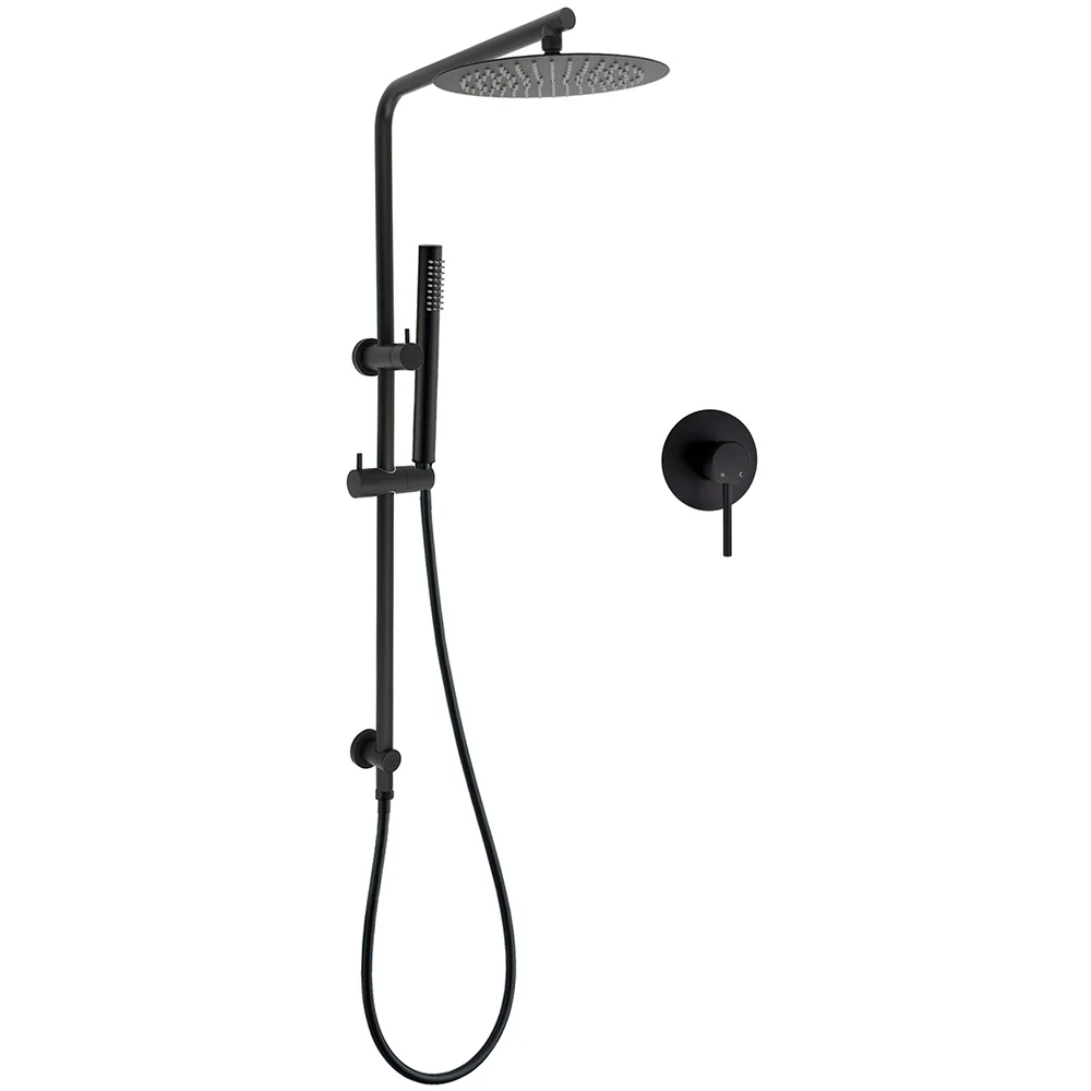 Matt Black Round 10" Rain Shower Head Brass Handheld Slide Rail Riser Arm Mixer Set