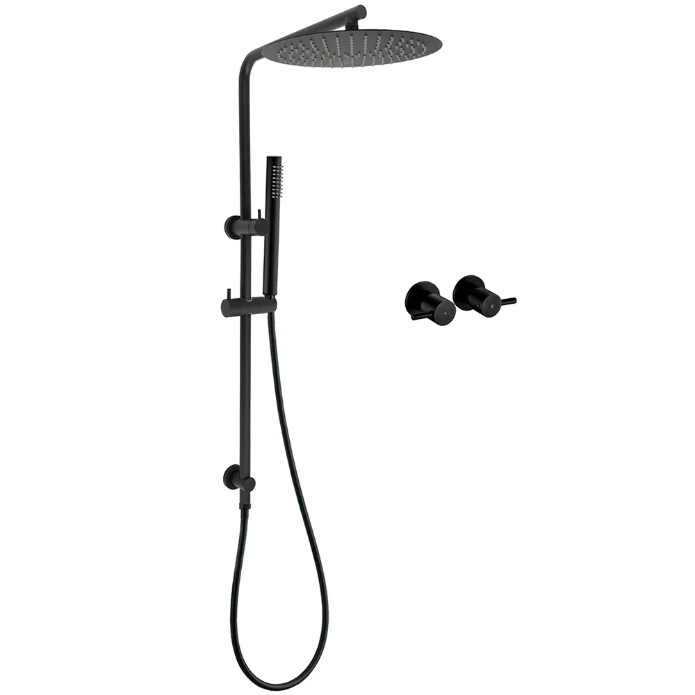 Matt Black Round 12" Rain Shower Head Brass Handheld Riser Rail Set Diverter Mixer Taps