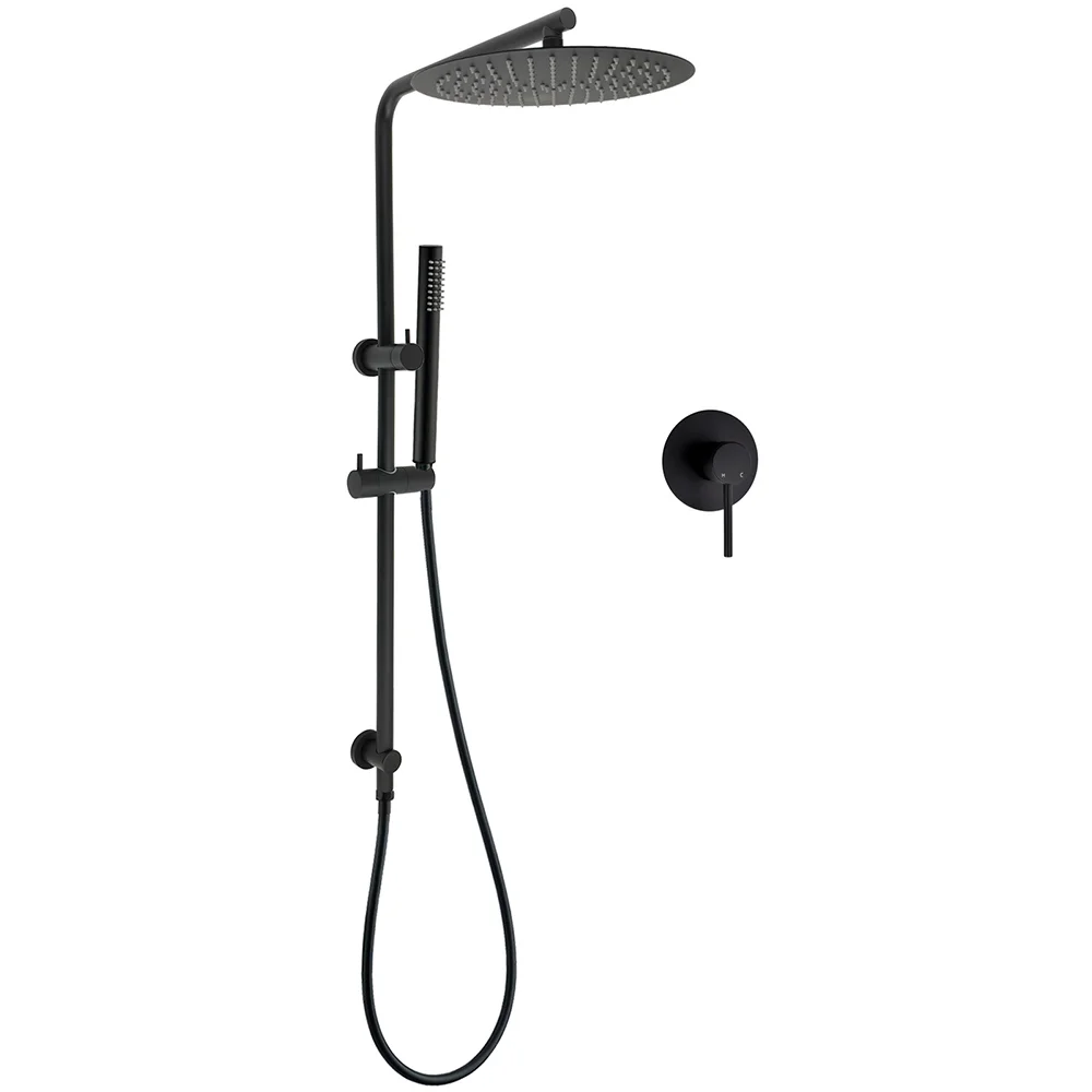Matt Black Round 300mm Rain Shower Head Brass Handheld Riser Rail Set Diverter Mixer