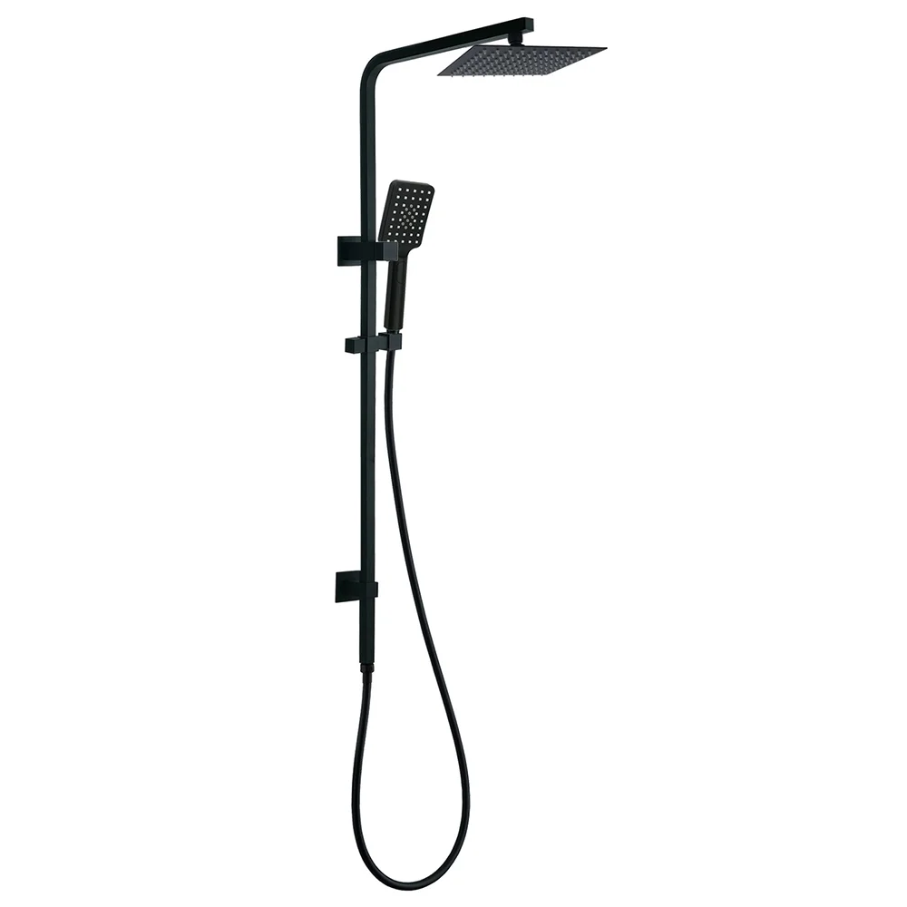 WELS Matt Black 8" Rainfall Shower Head 3 Modes Handheld Wall Rail Arm 2in1 Set