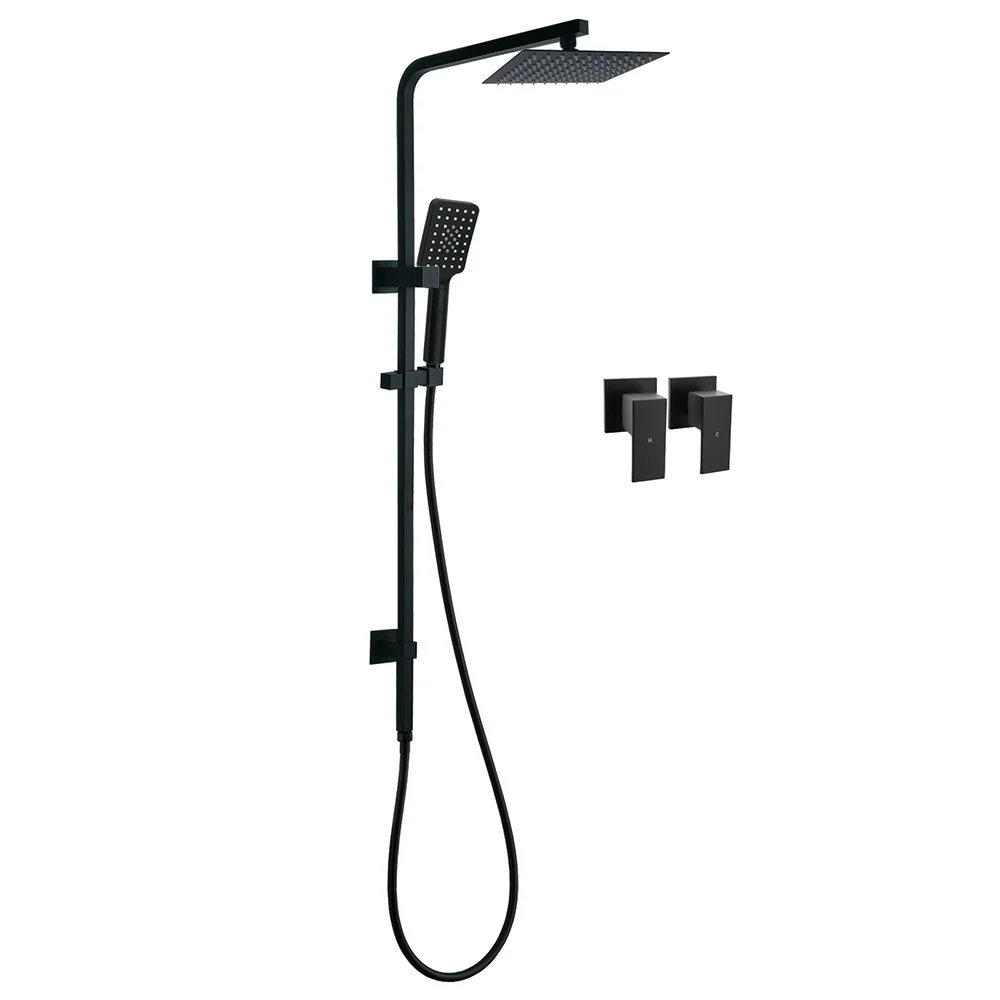 WELS Matt Black 8" Rainfall Shower Head 3 Modes Handheld Wall Rail Arm 2in1 Taps Set