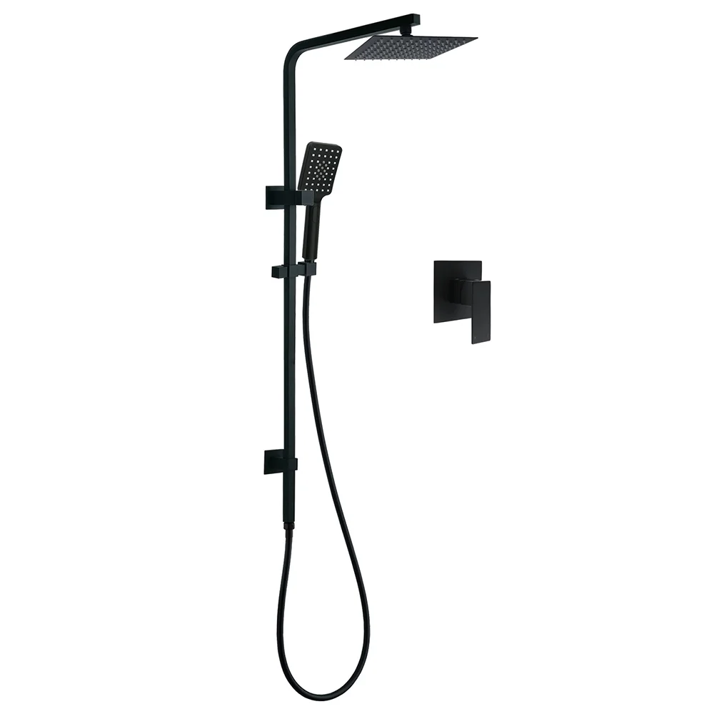 WELS Matt Black 8" Rainfall Shower Head 3 Modes Handheld Wall Rail Arm 2in1 Mixer Set