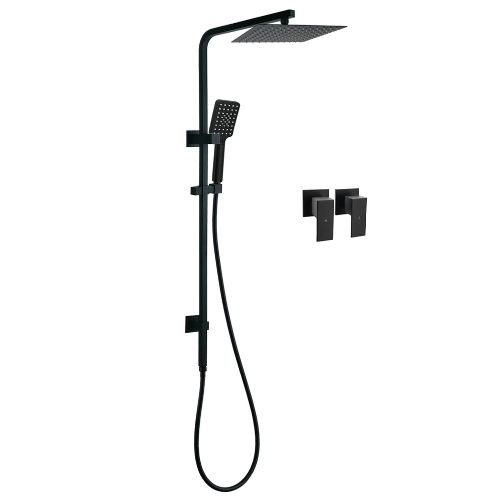 Matt Black Twin Shower Set Square 10" Rain Head 3 Modes Handheld Wall Arm Rail + Taps