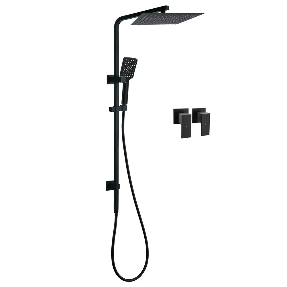 Dual Shower Square Large 12" Rainfall Head 3 Modes Handheld Wall Rail Twin Taps Matt Black