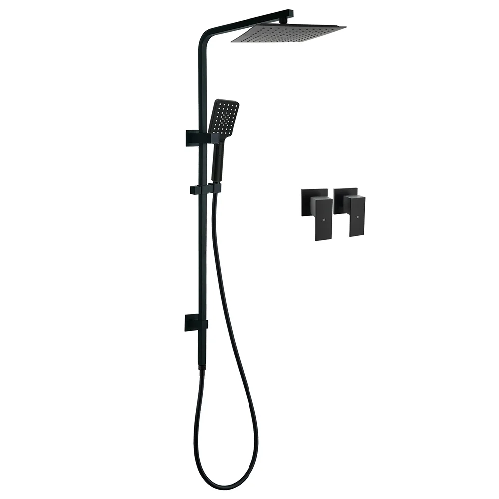 Matt Black Dual Shower Square 10" Rain Head 3 Modes Handheld Brass Silde Rail Twin Taps