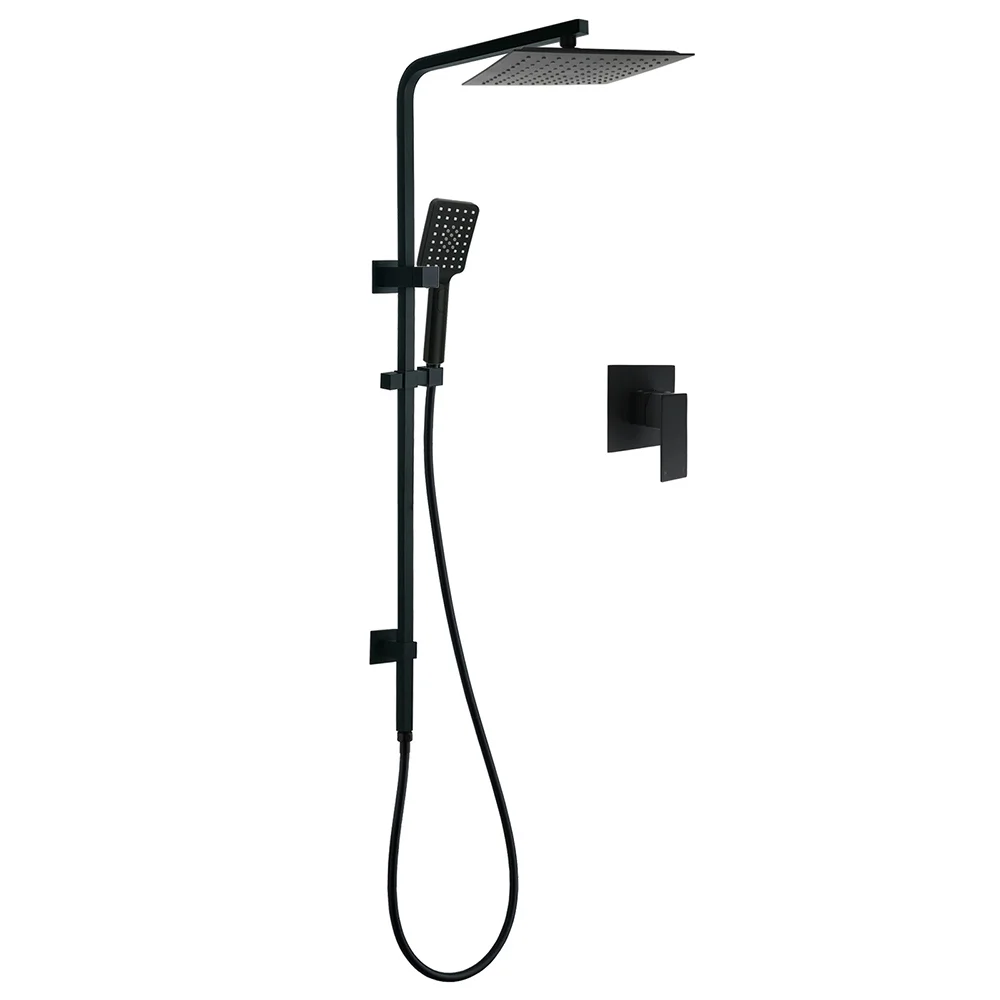 Matt Black Dual Shower Square 10" Rain Head 3 Modes Handheld Brass Silde Rail Mixer Set