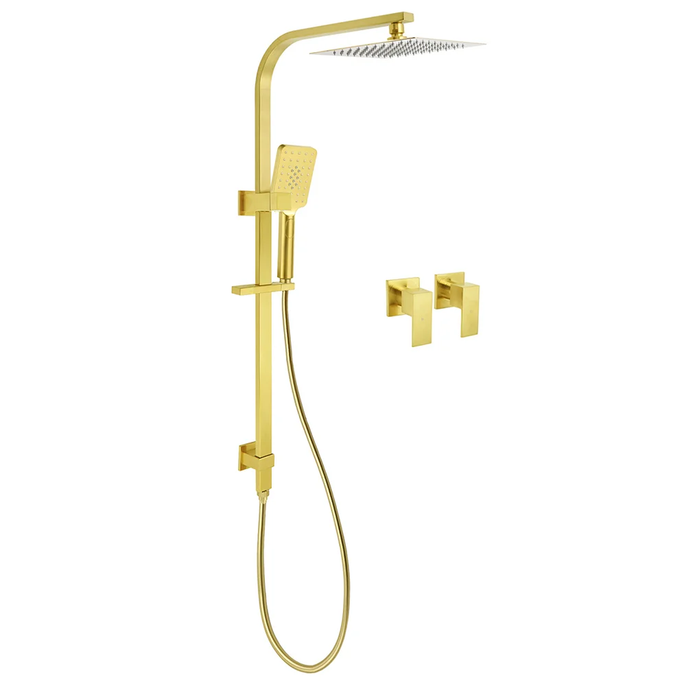 Brushed Gold 2in1 Set 8" Square Rain Shower Head 3 Modes Handheld Silde Rail Arm Twin Taps