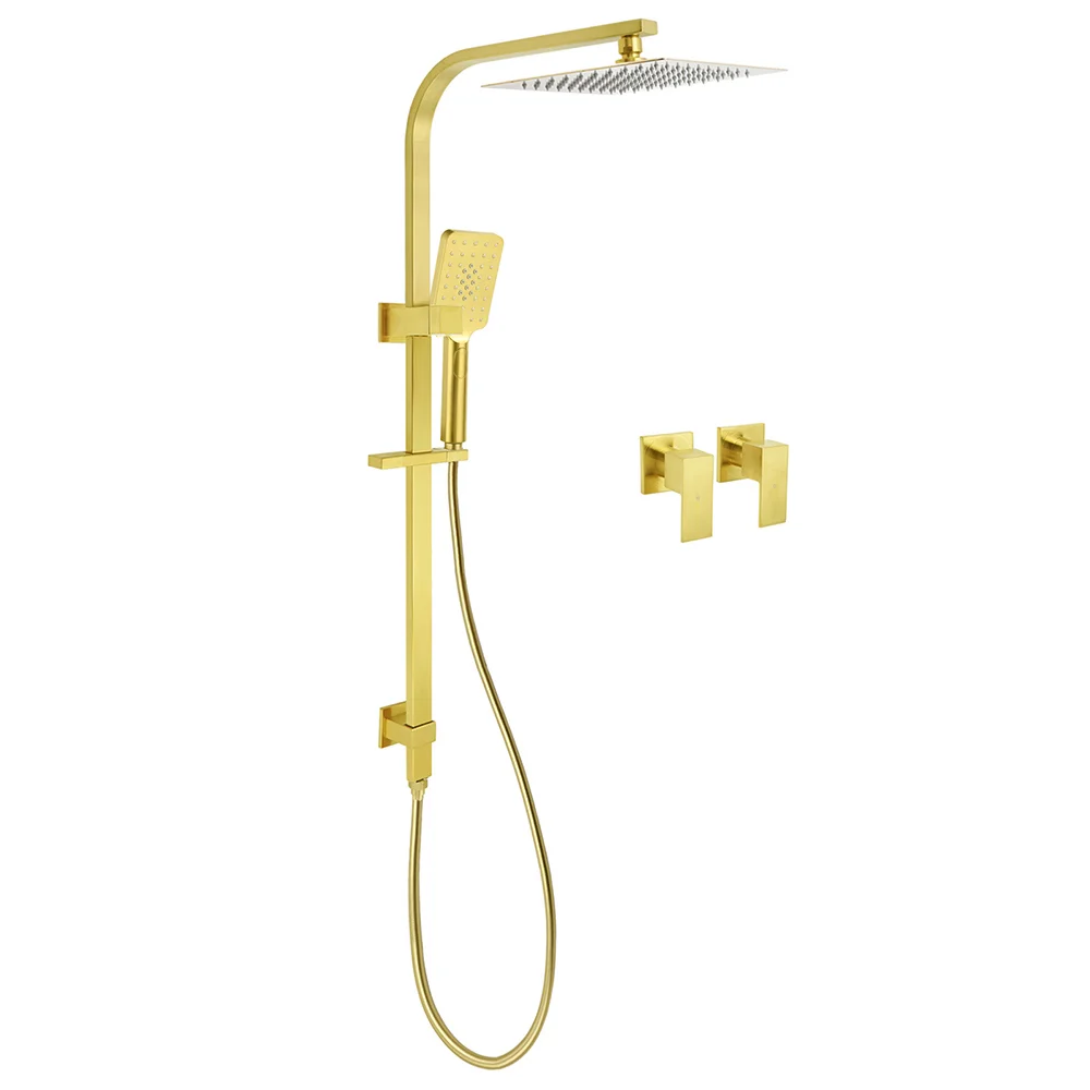 WELS Brushed Gold Square Shower 10" Thin Rain Head Handheld Silde Rail Arm 2in1 Taps Set