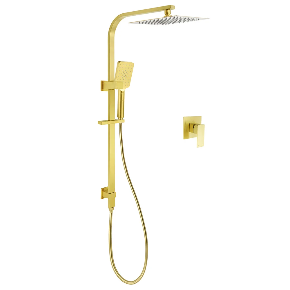 WELS Brushed Gold Square Shower 10" Large Rain Head Handheld Silde Rail Arm 2in1 Set + Mixer