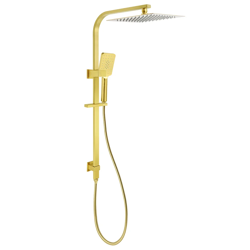 WELS Brushed Gold Square Shower 12" Large Rain Head Handheld Silde Rail Arm 2in1 Set