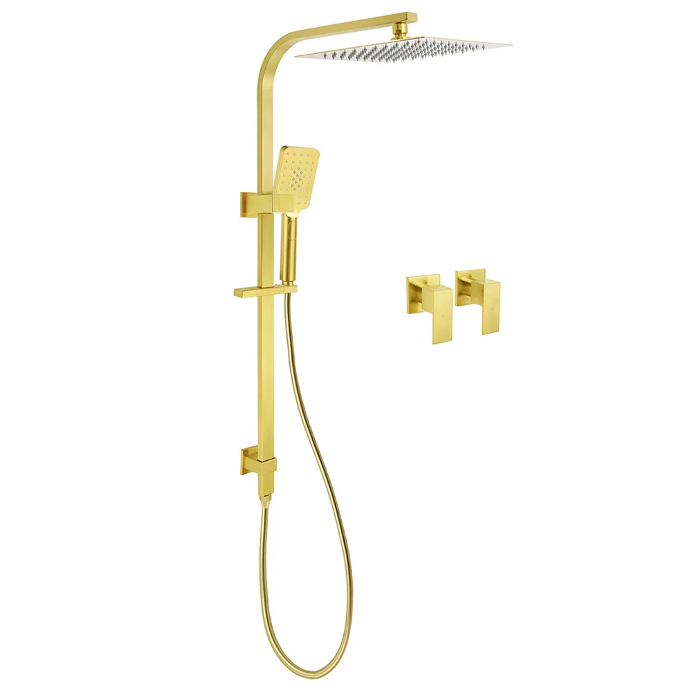 WELS Brushed Gold Square Shower 12" Large Rain Head 3 Modes Handheld Silde Rail Arm 2in1 Taps Set