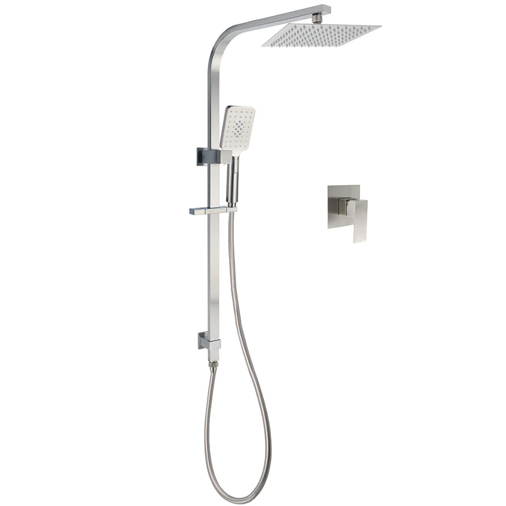 Brushed Nickel Square Twin Shower Set 8" Rain Head 3 Modes Handheld Silding Rail Mixer