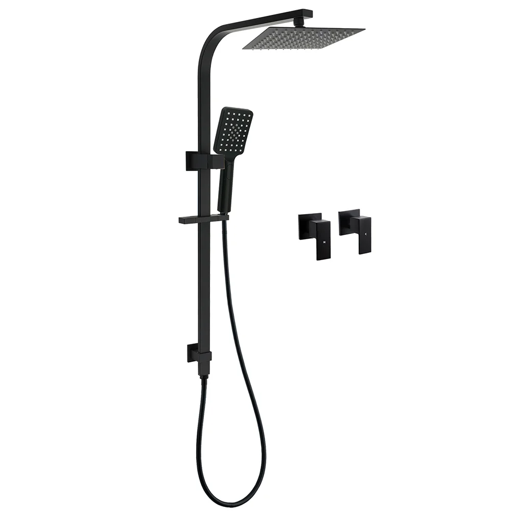Matt Black Square Twin Shower Set 8" Rain Head 3 Modes Handheld Silde Rail Arm + Taps