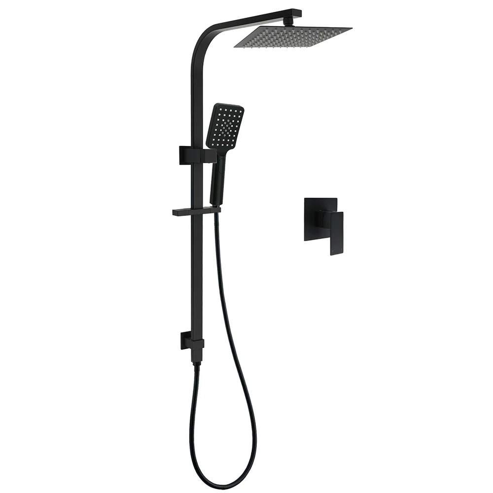 Matt Black Square Twin Shower Set 8" Rain Head 3 Modes Handheld Silde Rail Arm + Mixer