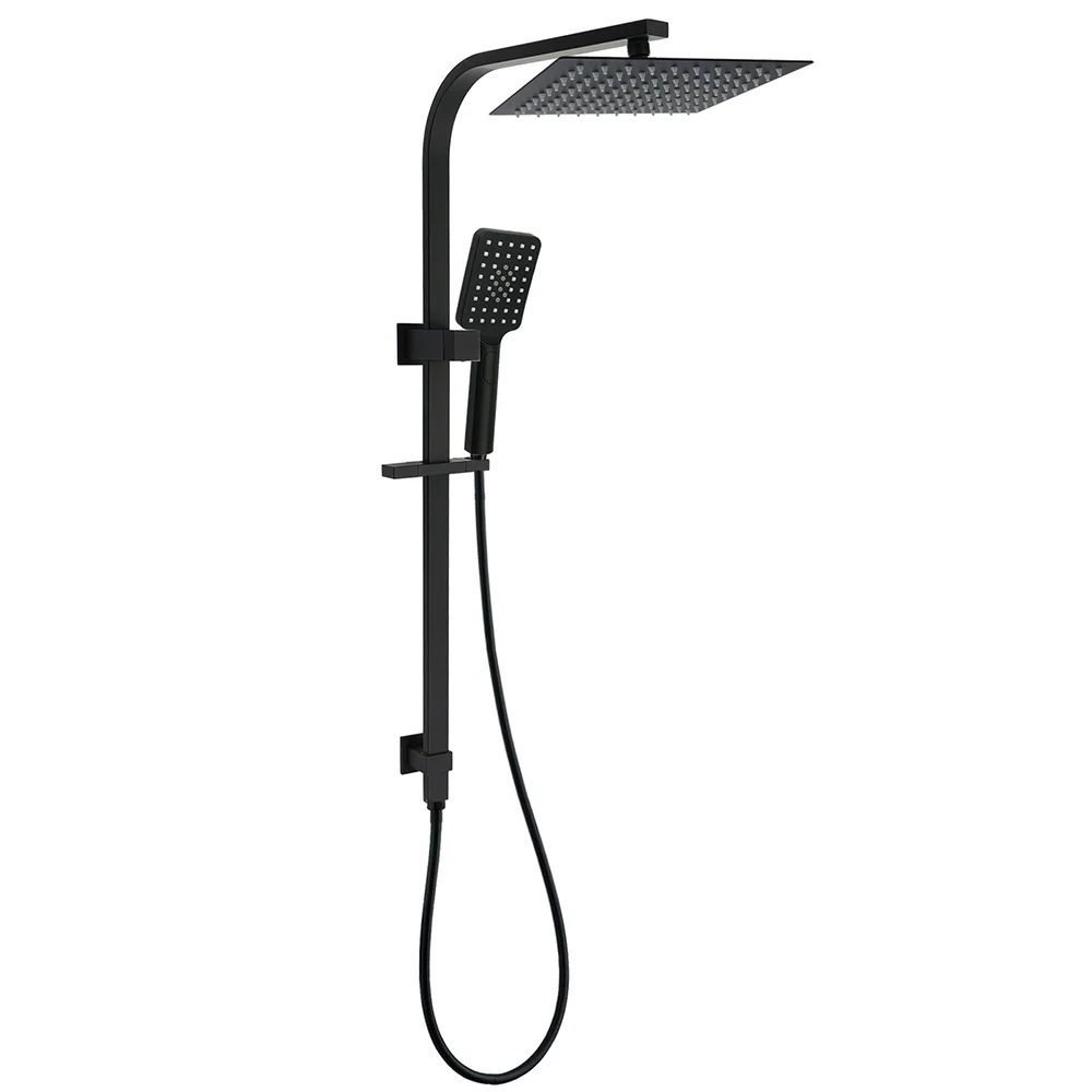 WELS Matt Black Dual Shower Set 10" Square Rain Head Handheld Silde Rail Arm Kit