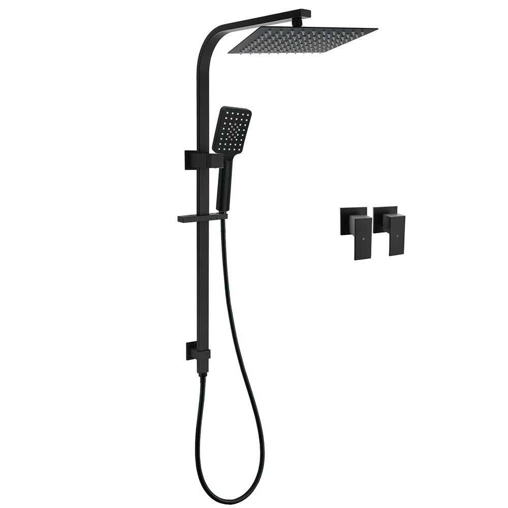 WELS Matt Black 2in1 Shower Set 10" Square Rain Head Handheld Silde Rail Arm Twin Taps