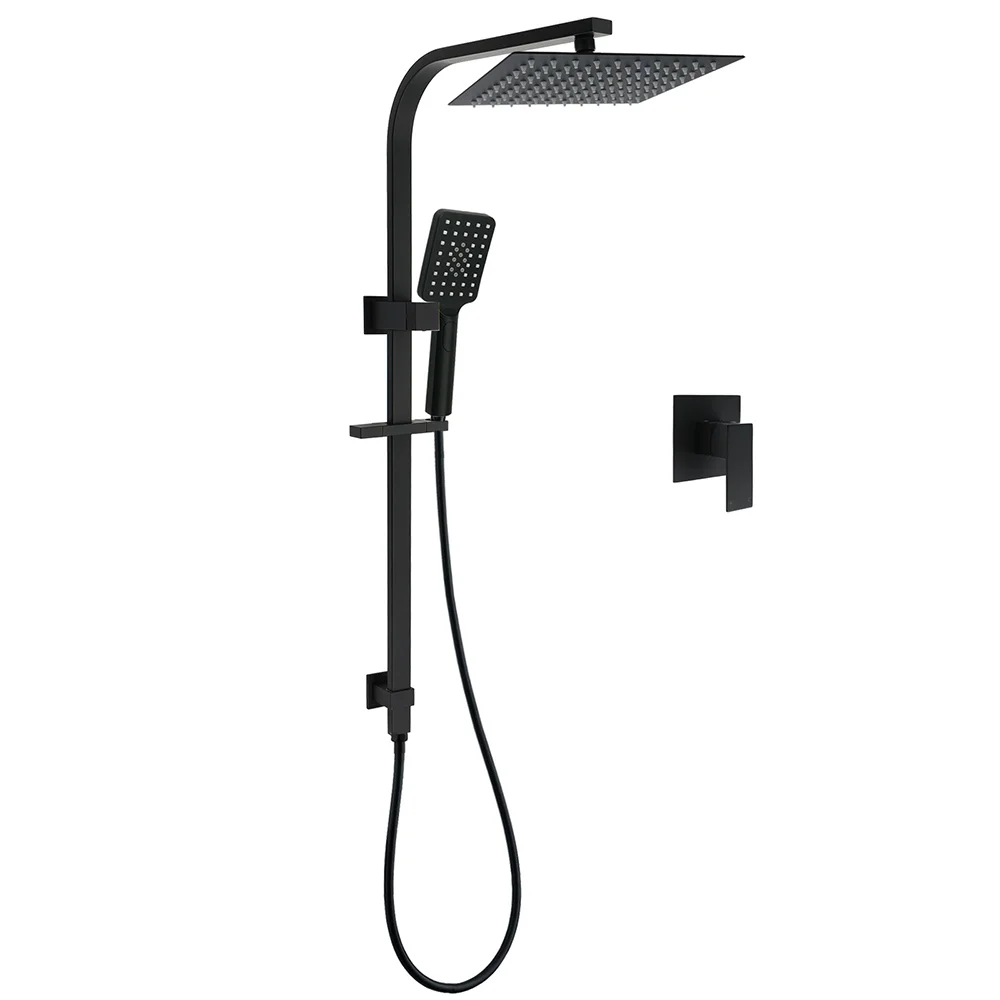WELS Matt Black 2in1 Shower Set 10" Square Rain Head Handheld Silde Rail Arm Mixer Valve