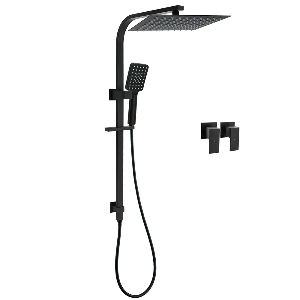 Dual Shower Set Matt Black 12" Rainfall Head 3 Modes Handheld Silding Rail Combo Double Taps