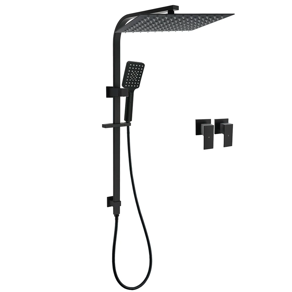 Matt Black Dual Shower Set 16" Rainfall Head 3 Modes Handheld Silding Rail Combo Twin Taps