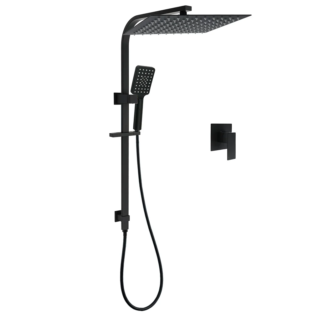 WELS Matt Black Dual Shower Set Large 16" Rainfall Head 3 Modes Handheld Silding Rail Combo Mixer