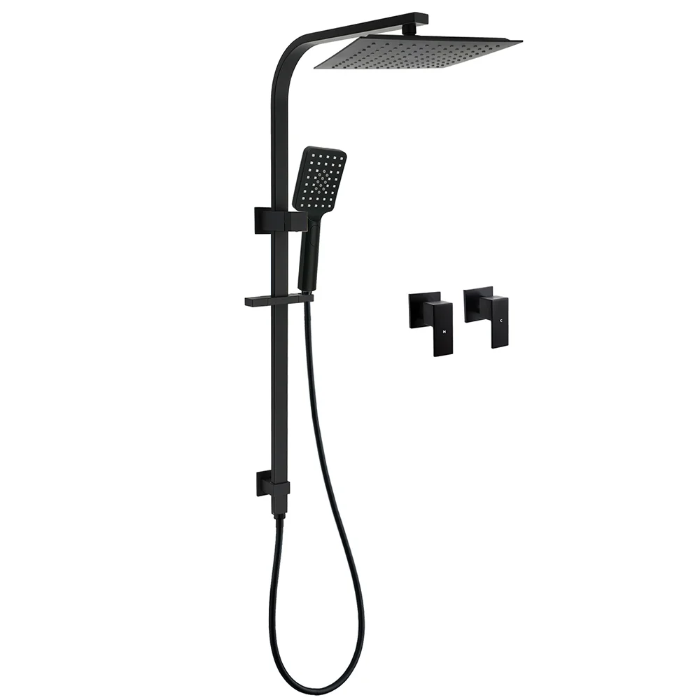 Matt Black Square Twin Shower 10" Rain Head 3 Modes Handheld Silde Rail Arm Taps Set