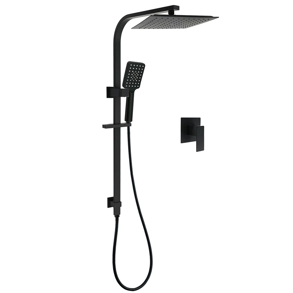Matt Black Square Twin Shower 10" Rain Head 3 Modes Handheld Silde Rail Arm Mixer Set