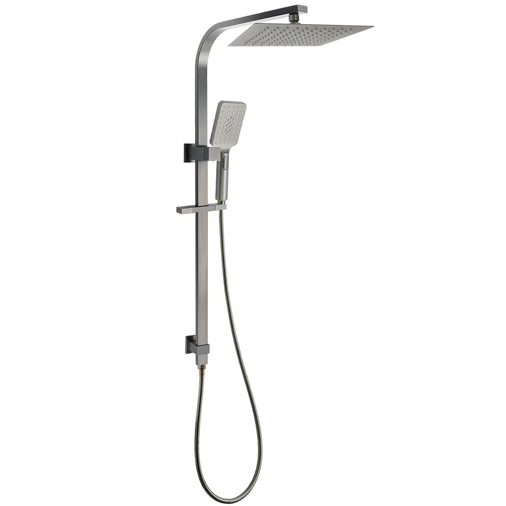 Gun Metal Double Square Shower Head Set 10" Rain Handheld Sliding Rail Diverter