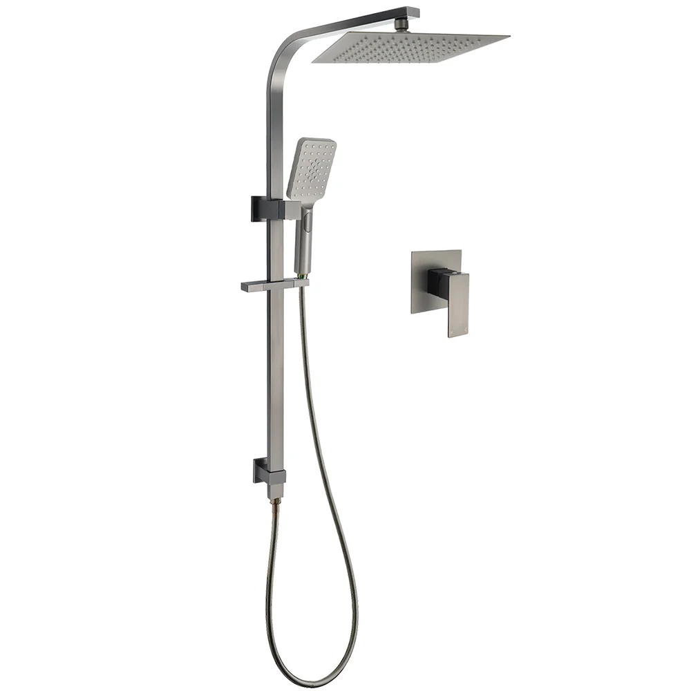 WELS Gun Metal Double Square Shower Head Set 10" Rain Handheld Sliding Rail Diverter Wall Mixer