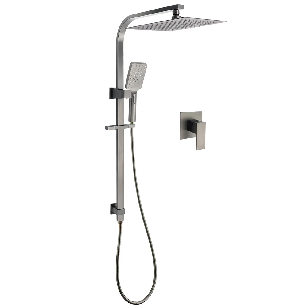WELS Gun Metal Twin Shower Head Square Set 12" Rain Handheld Sliding Rail Diverter Wall Mixer