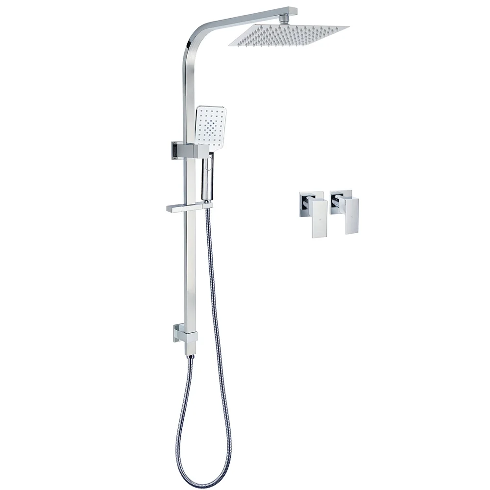 Chrome Twin Square Shower Set 8" Rain Shower Head 3 Function Handheld Rail Arm Taps