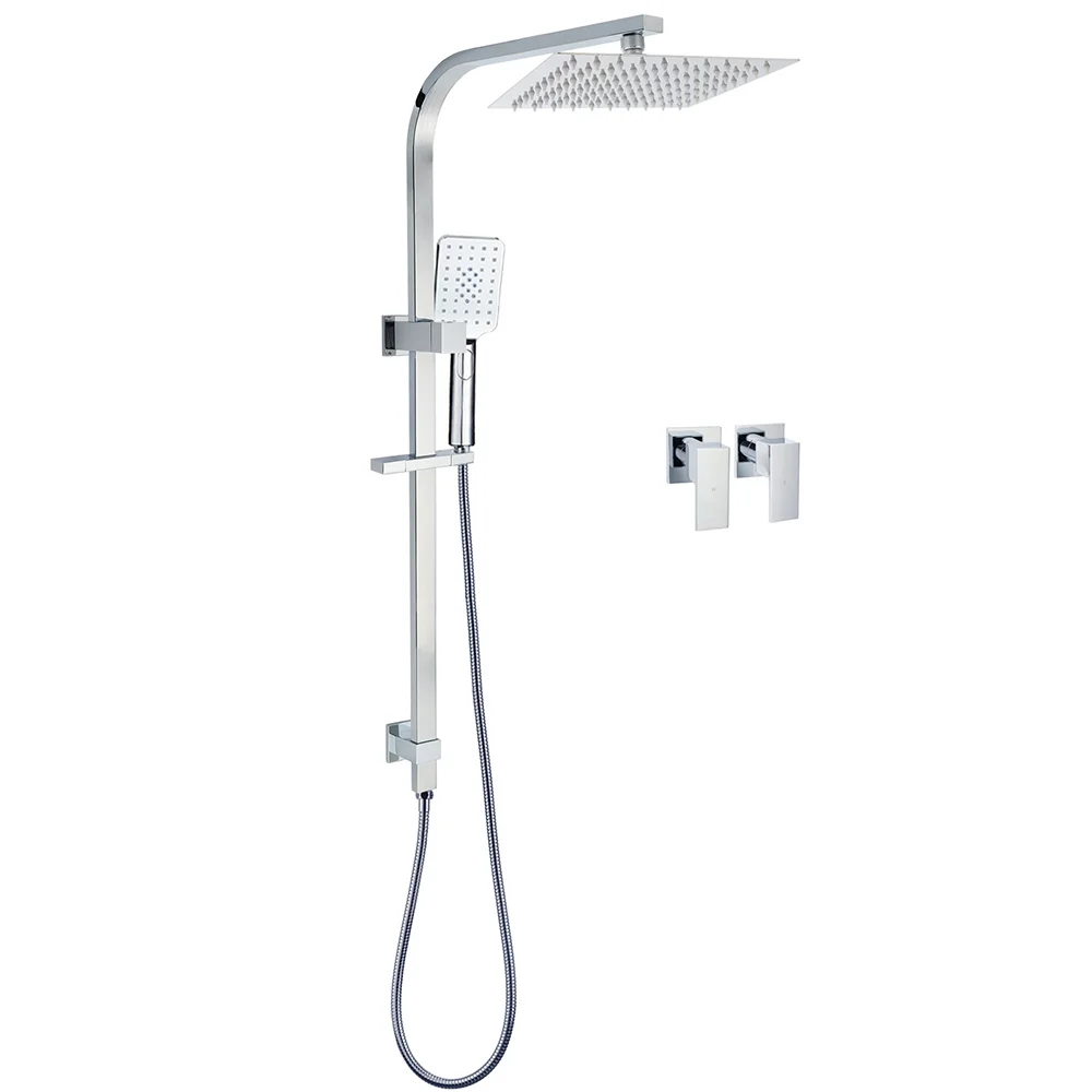 WELS Chrome 8" Twin Square Shower Set Rain Head 3 Modes Handheld Sliding Rail + Taps