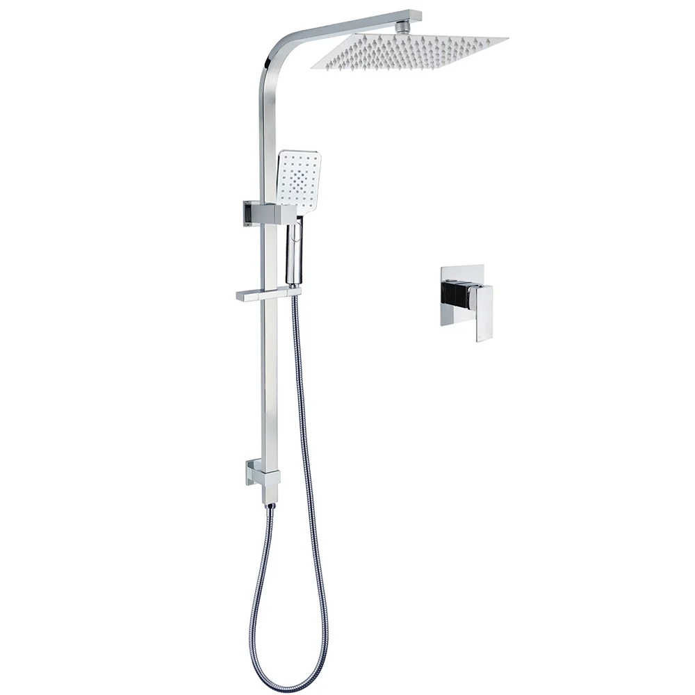 WELS Chrome 8" Twin Square Shower Set Rain Head 3 Modes Handheld Sliding Rail + Mixer