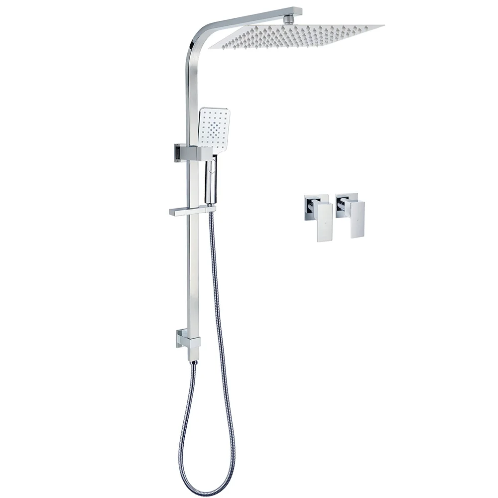 Chrome Twin Square Shower Set 12" Rain Shower Head 3 Function Handheld Rail Arm Taps