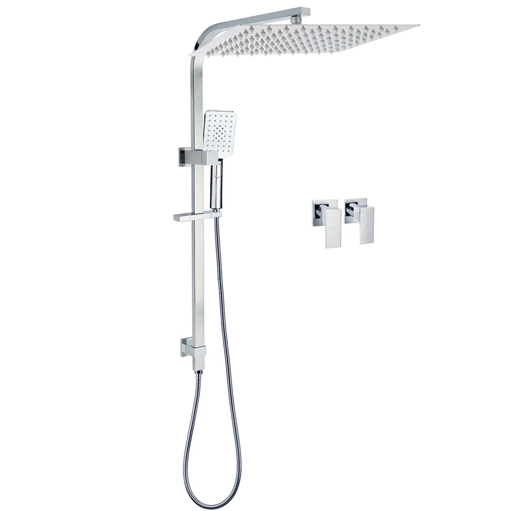 WELS Twin Square Shower Set 16" Rain Shower Head 3 Function Handheld Rail Arm Taps